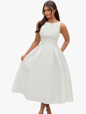 Classic White A-Line Midi Dress - Elegant Evening Dress